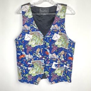 Vintage 90s Nicole Miller Charcuterie Wine Novelty Vest 100% Silk Sz XL
